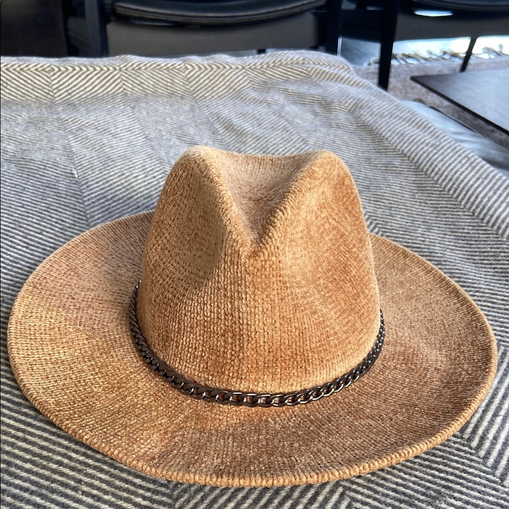 Tan Wide Brim Hat with Decorative Band.